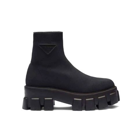 GIÀY Prada Women Monolith Knit Booties with Embossed Rubber Triangle Logo