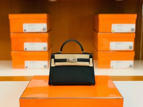 Túi Hermes Mini Kelly Epsom Black Silver Hardware Handmade khâu tay 19cm
