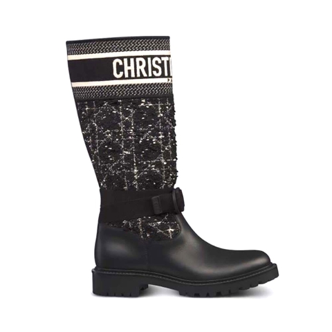 GIÀY Dior Women D-Major Boot Black Calfskin with Black and White Cannage Tweed