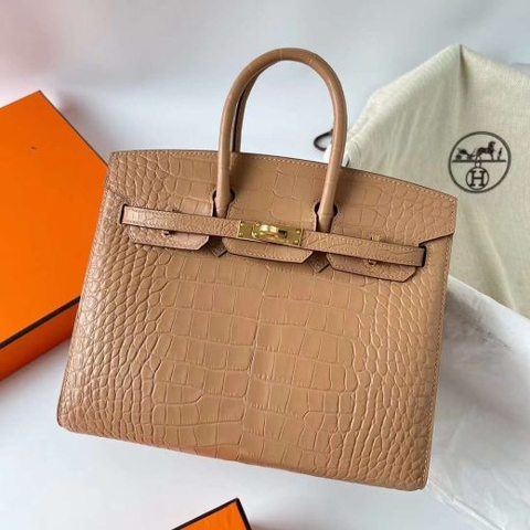 Túi Hermes Birkin Sellier Matte Alligator Crocodile da cá sấu Khaki Handmade khâu tay 25cm