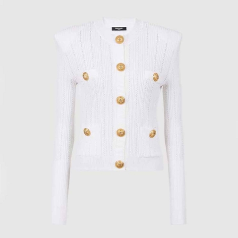 ÁO Balmain Women Knit Cardigan with Gold Buttons-White