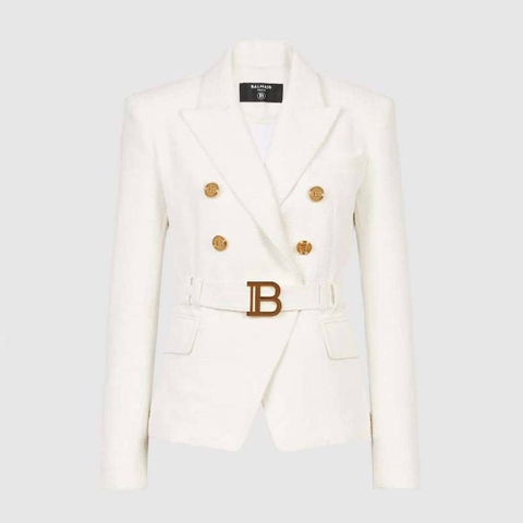 ÁO Balmain Women Double-Breasted Cotton Blazer with Balmain Buckle-White