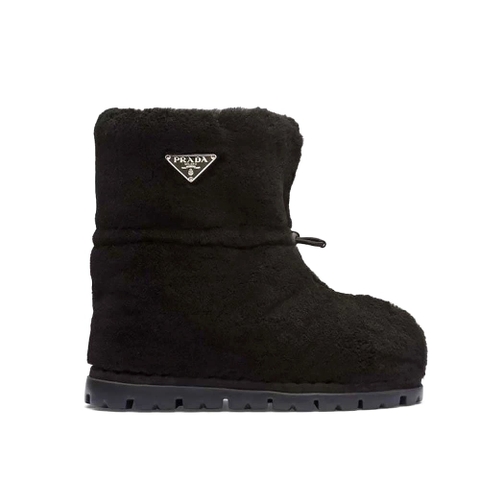 GIÀY Prada Women Shearling Booties with Enameled Metal Triangle Logo-Black