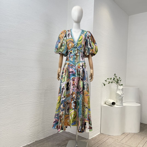 VÁY CAMILLA Portrait Cartoon Floral Print Short Sleeve Midi Dress High Classy