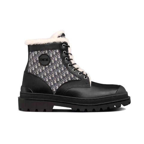GIÀY Dior Explorer Ankle Boot Black Smooth Calfskin and Dior Oblique Jacquard