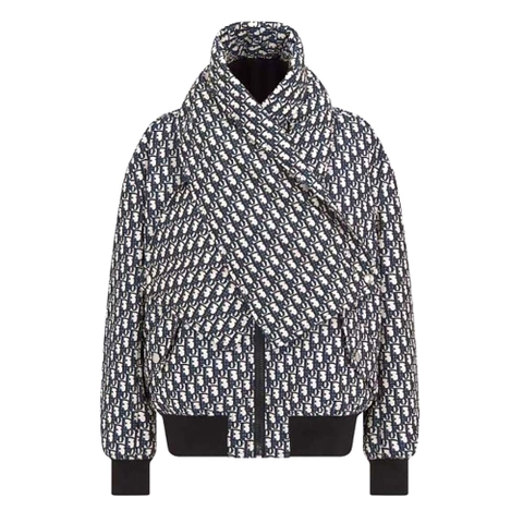 ÁO Dior Women Bomber Jacket with Criss Cross Collar Blue and Ecru Technical Taffeta Jacquard