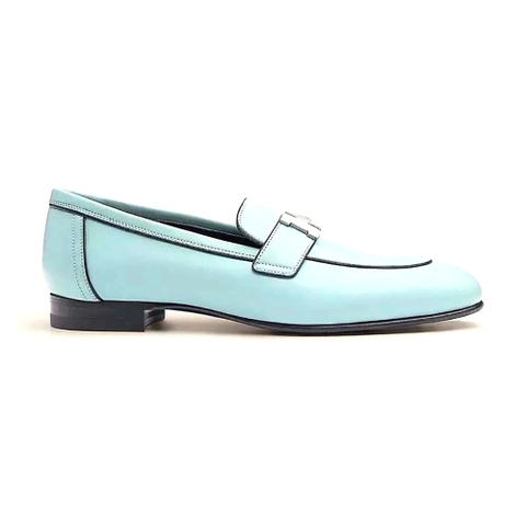 GIÀY Hermes Women Paris Loafer in Calfskin with Palladium Plated Signature “H” Detail-Blue