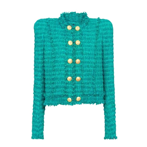 ÁO Balmain Women Fringed Tweed Jacket-Green