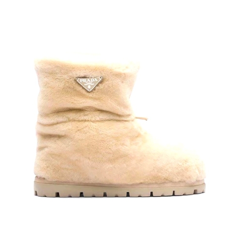 GIÀY Prada Women Shearling Booties with Enameled Metal Triangle Logo-Beige