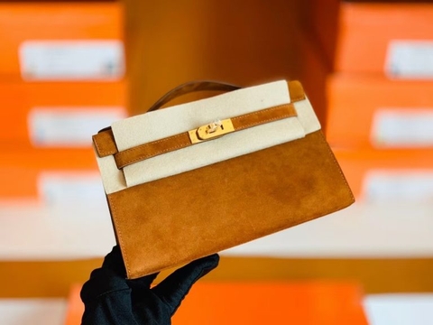 Túi Hermes Mini Kelly pochette Golden brown chamois da lộn Gold Hardware khâu tay 22cm