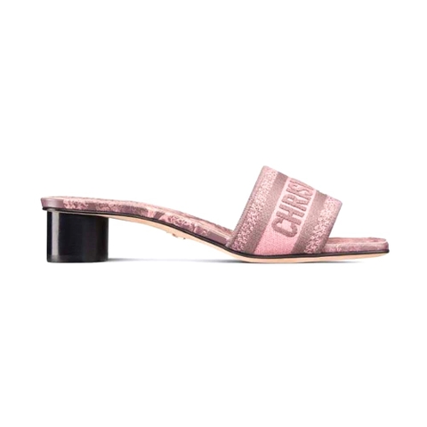 GUỐC Dior Women Dway Heeled Slide Beige and Black Cotton Embroidered with Plan de Paris Motif