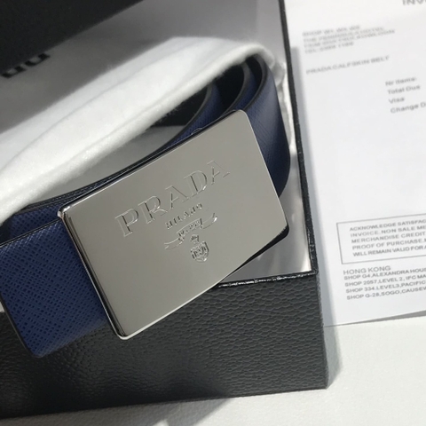 DÂY LƯNG PRADA BLUE SAFFIANO LEATHER Khóa bạc