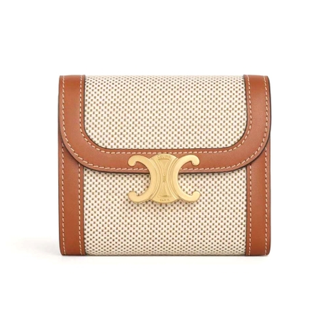 Ví Celine Women Small Triomphe Wallet in Textile and Calfskin-Brown