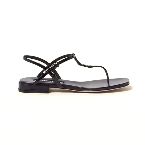 DÉP SANDALS Miu Miu Women Patent Thong Sandals with Metal Lettering Logo-Black