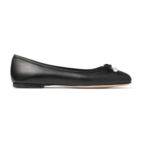 GIÀY Jimmy Choo Women Elme Flat Black Nappa Leather Flats with Pearl Embellishment