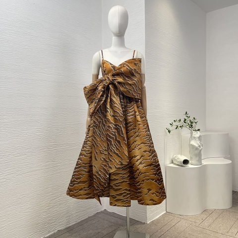 VÁY ZIMMERMANN Camel Tiger Striped Strapless Sleeveless Bow Midi Dress High Classy