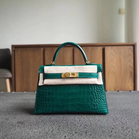 TÚI HERMES Mini Kelly 19CM Emerald crocodille da cá sấu