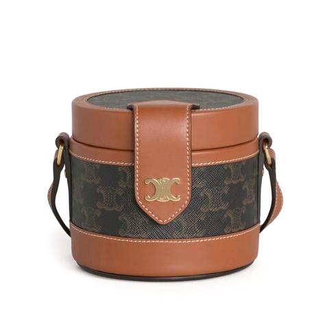 TÚI Celine Women Small Tambour Bag in Triomphe Canvas and Calfskin-Brown