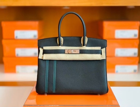 Túi Hermes Birkin Togo Black & Green Color bar Silver Hardware Handmade khâu tay 30cm