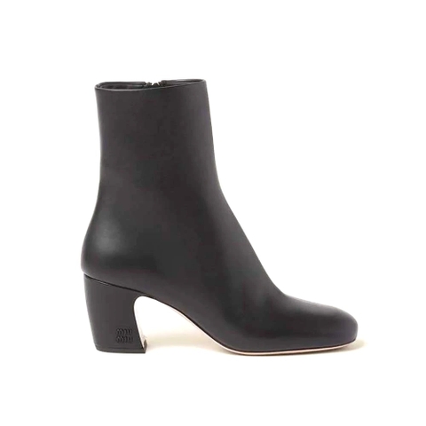 GIÀY Miu Miu Women Leather Booties with Metal Lettering Logo-Black