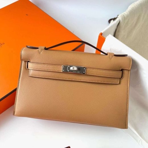 Túi Hermes Mini Kelly Pochette Swift Tea Khaki Silver Hardware Handmade khâu tay 22cm