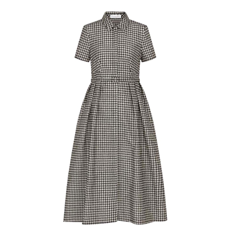 Váy Dior Women Mid-Length Belted Dress Black and White Technical Cotton Jacquard and Silk