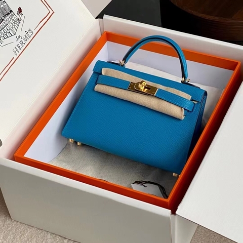 Túi Hermes Mini Kelly Bleu Hydra Epsom 19CM Handmade khâu tay(Giá liên hệ)