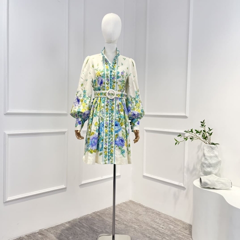 VÁY ZIMMERMANN Floral Printing Spring Summer Mandarin Collar Mini Dresses with Belt High Classy