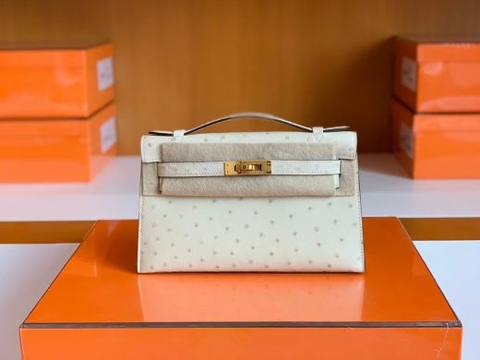 Túi Hermes Mini Kelly pochette Ostrich da đà điểu White wool Gold Hardware Handmade khâu tay 22cm