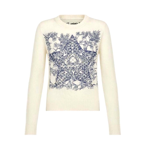 ÁO Dior Sweater Ecru Cashmere Knit with Blue Dior Sevilla Star Motif