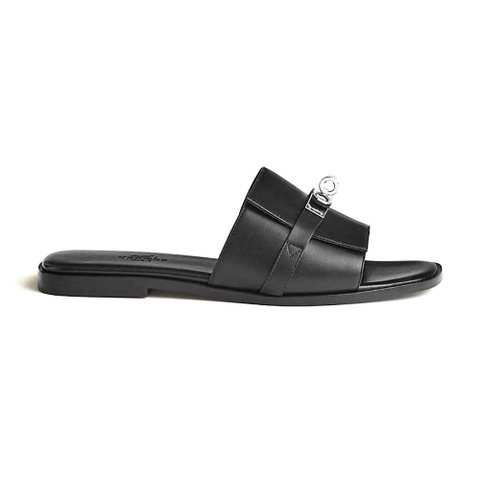 DÉP Hermes Women Giulia Sandal in Calfskin with Iconic Palladium-Plated Kelly Buckle-Black