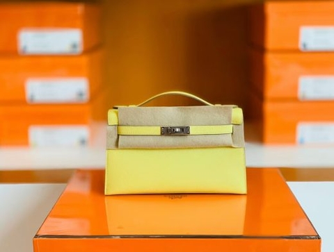Túi Hermes Kelly Pochette Epsom Lemon Yellow Silver Hardware Handmade khâu tay 22cm
