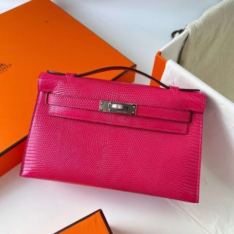Túi Hermes Mini Kelly Pochette Lizard da thằn lằn Deep Rose Pink Silver Hardware Handmade khâu tay 22cm