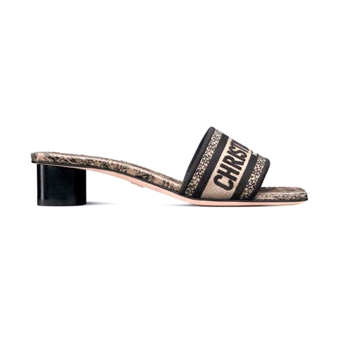 GUỐC Dior Women Dway Heeled Slide Beige and Black Cotton Embroidered with Plan de Paris Motif
