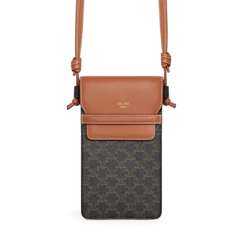 TÚI Celine Women Phone Pouch with Flap in Triomphe Canvas and Lambskin-Brown