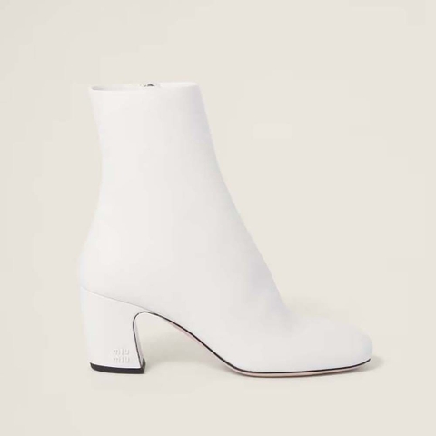 GIÀY Miu Miu Women Leather Booties with Metal Lettering Logo-Black