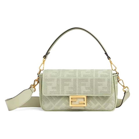 TÚI FENDI Women Baguette Light Green Canvas Bag with FF Embroidery