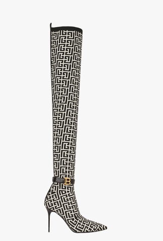 GIÀY BALMAIN Bicolor knit Raven thigh-high boots with monogram strap