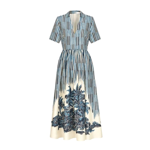 VÁY Dior Women Long Dress Blue and White Silk Canvas with Dior Palms Motif