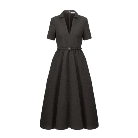 VÁY Dior Women Mid-Length Belted Dress Black Matte Cloqué Technical Fabric
