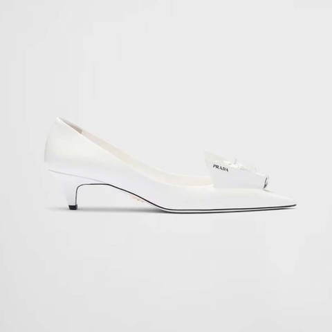 GIÀY Prada Women Brushed Leather Pumps with Floral Appliqués-White