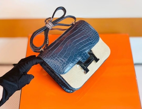 Túi Hermes Constance Shiny Alligator crocodile da cá sấu Dark blue Silver Hardware Handmade khâu tay 18cm