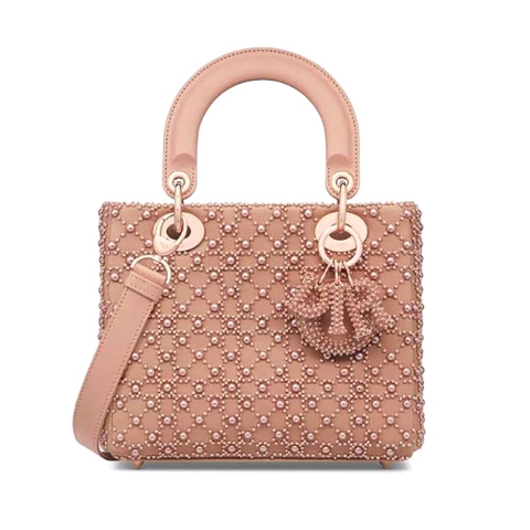 TÚI Dior Women Small Lady Dior Bag Rose Des Vents Cannage Calfskin Embroidered with Resin Pearls
