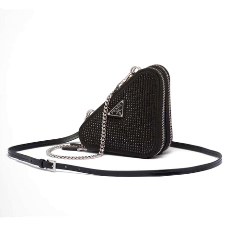 TÚI Prada Women Triangular Embellished Satin and Leather Mini-pouch-Black