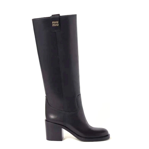 GIÀY Miu Miu Women Leather Booties with Screen-printed Logo-Black