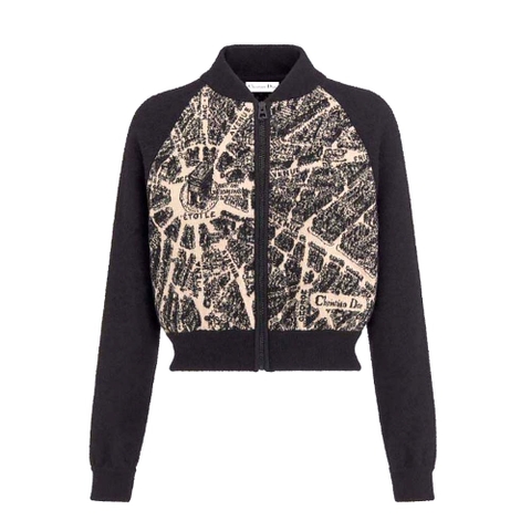 ÁO Dior Bomber Jacket Beige and Black Technical Virgin Wool Knit with Plan de Paris Motif
