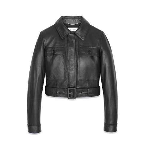 ÁO Saint Laurent YSL Women Cropped Jacket in Drummed Lambskin-Black