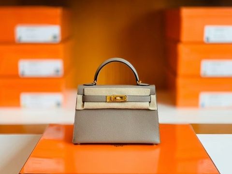 Túi Hermes Mini Kelly Epsom gris ashpite Gold Hardware Handmade khâu tay 19cm