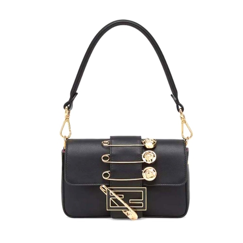 TÚI FENDI Women Brooch Mini Baguette Fendace Black Leather Bag