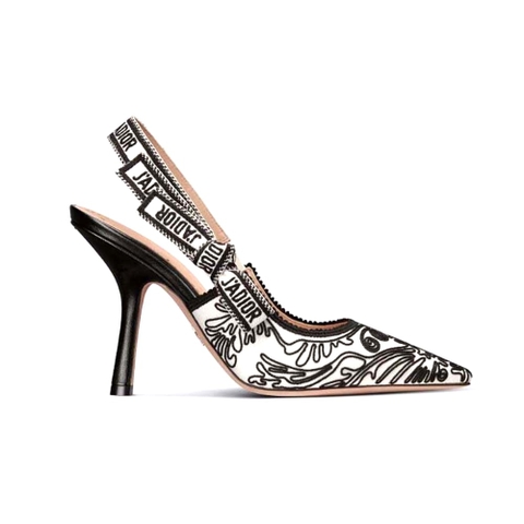 GIÀY Dior Women J’Adior Slingback Pump Black and White Ornamental Cotton with Cornely Embroidery